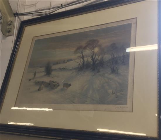 Joseph Farquharson signed print of sheep in a snowy landscape